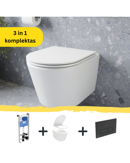 WC komplektas 3in1: Ravak Flow klozetas su "Soft Close" dangčiu ir Ideal Standard rėmas, juodas mygtukas