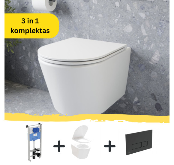 WC komplektas 3in1: Ravak Flow klozetas su "Soft Close" dangčiu ir Ideal Standard rėmas, juodas mygtukas