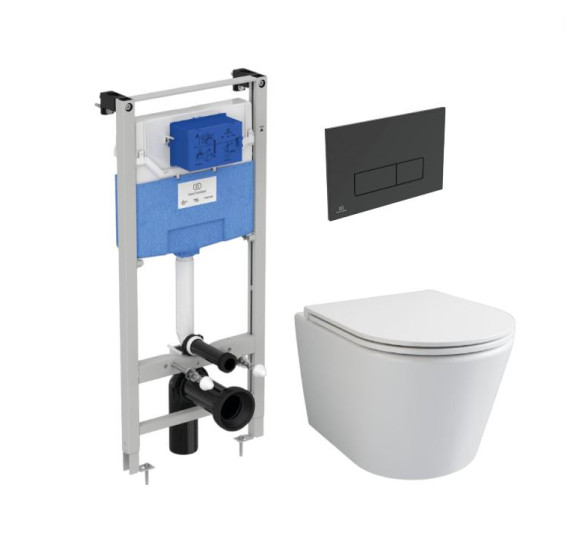 WC komplektas 3in1: Ravak Flow klozetas su "Soft Close" dangčiu ir Ideal Standard rėmas, juodas mygtukas
