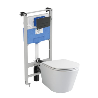 WC komplektas 3in1: Ravak Flow klozetas su "Soft Close" dangčiu ir Ideal Standard rėmas, juodas mygtukas