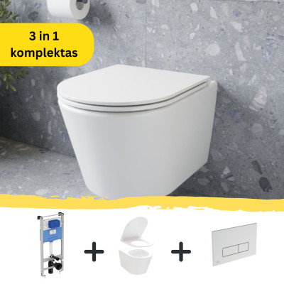 WC komplektas 3in1: Ravak Flow klozetas su "Soft Close" dangčiu ir Ideal Standard rėmas, chromo sp. mygtukas