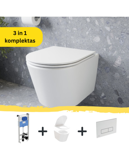 WC komplektas 3in1: Ravak Flow klozetas su "Soft Close" dangčiu ir Ideal Standard rėmas, chromo sp. mygtukas