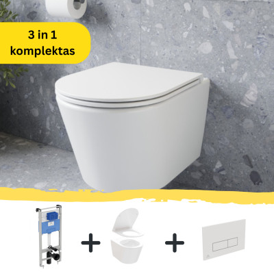 WC komplektas 3in1: Ravak Flow klozetas su "Soft Close" dangčiu ir Ideal Standard rėmas, baltas mygtukas