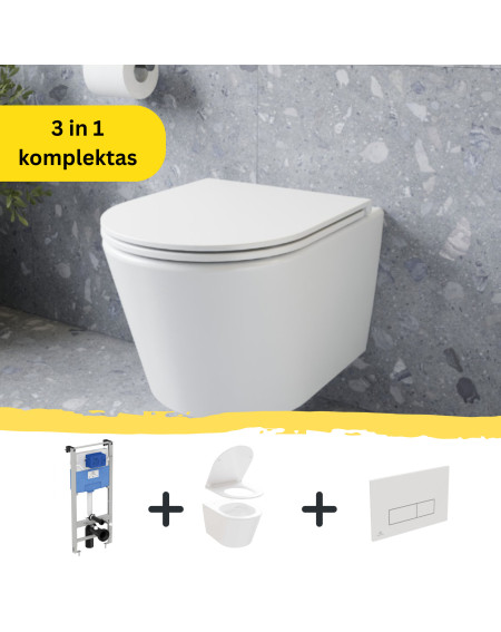 WC komplektas 3in1: Ravak Flow klozetas su "Soft Close" dangčiu ir Ideal Standard rėmas, baltas mygtukas
