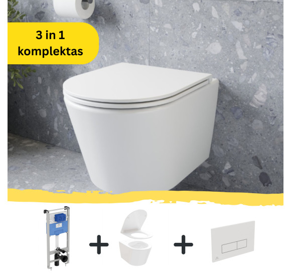 WC komplektas 3in1: Ravak Flow klozetas su "Soft Close" dangčiu ir Ideal Standard rėmas, baltas mygtukas