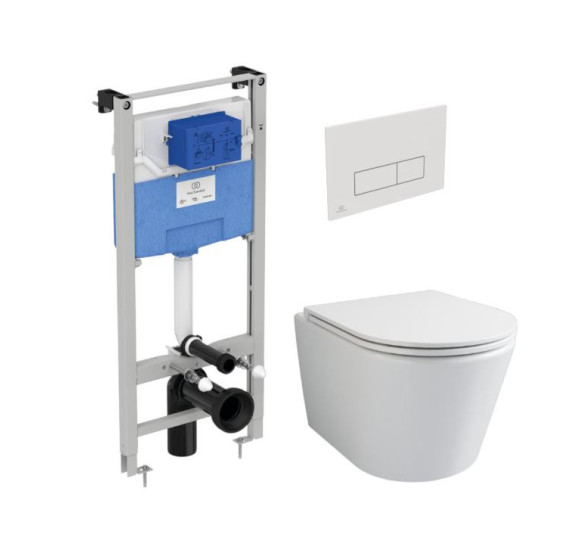 WC komplektas 3in1: Ravak Flow klozetas su "Soft Close" dangčiu ir Ideal Standard rėmas, baltas mygtukas
