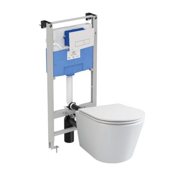 WC komplektas 3in1: Ravak Flow klozetas su "Soft Close" dangčiu ir Ideal Standard rėmas, baltas mygtukas