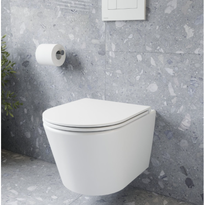 WC komplektas 3in1: Ravak Flow klozetas su "Soft Close" dangčiu ir Ideal Standard rėmas, baltas mygtukas