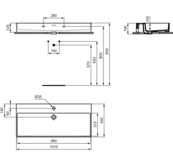 Ideal Standard Extra pakabinamas praustuvas, 100cm