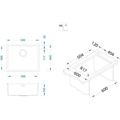 ALVEUS Monarch Kombino 50, nerūdijančio plieno plautuvė (montuojama po stalviršiu)