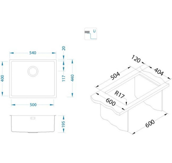 ALVEUS Monarch Kombino 50, nerūdijančio plieno plautuvė (montuojama po stalviršiu)