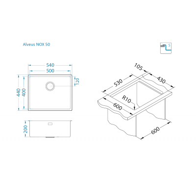 ALVEUS Nox 50 nerūdijančio plieno plautuvė (universalus montavimas)