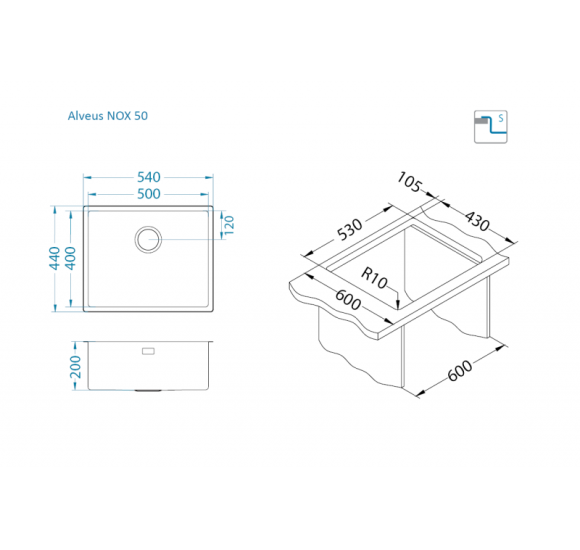 ALVEUS Nox 50 nerūdijančio plieno plautuvė (universalus montavimas)