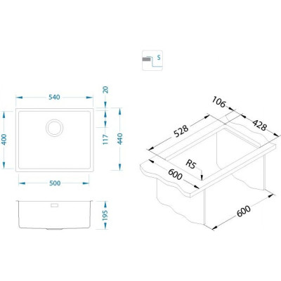 ALVEUS Monarch Kombino 50 nerūdijančio plieno plautuvė (montuojama lygiai su stalviršiu arba virš jo)
