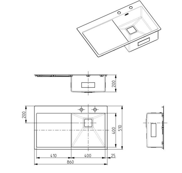 ALVEUS Stylux 50 nerudijančio plieno plautuvė, dešinė pusė