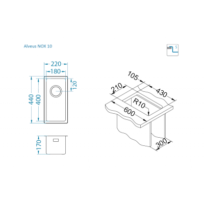 ALVEUS Nox 10 nerūdijančio plieno plautuvė (universalus montavimas)