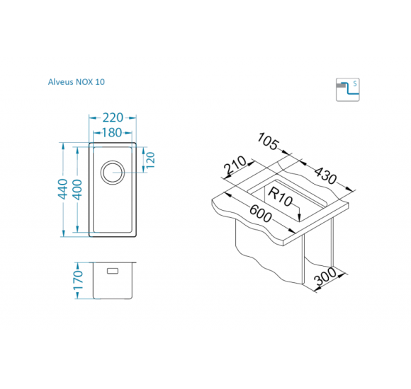 ALVEUS Nox 10 nerūdijančio plieno plautuvė (universalus montavimas)