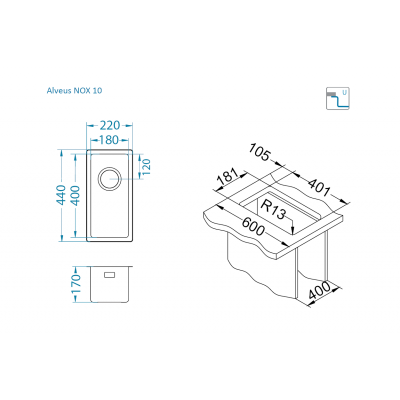 ALVEUS Nox 10 nerūdijančio plieno plautuvė (universalus montavimas)