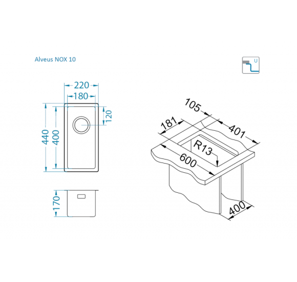 ALVEUS Nox 10 nerūdijančio plieno plautuvė (universalus montavimas)