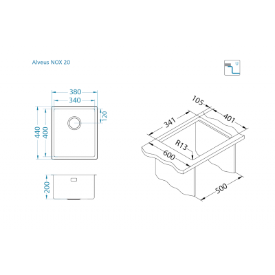 ALVEUS Nox 20 nerūdijančio plieno plautuvė (universalus montavimas)