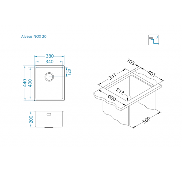 ALVEUS Nox 20 nerūdijančio plieno plautuvė (universalus montavimas)