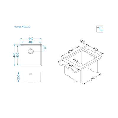 ALVEUS Nox 30 nerūdijančio plieno plautuvė