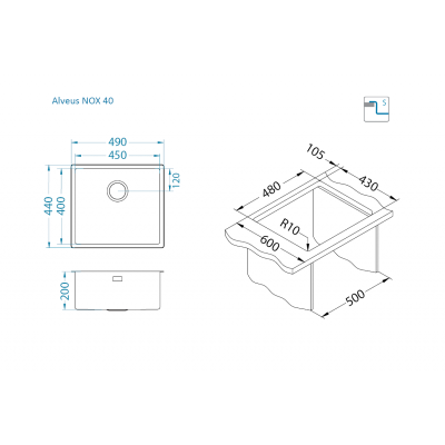 ALVEUS Nox 40 nerūdijančio plieno plautuvė