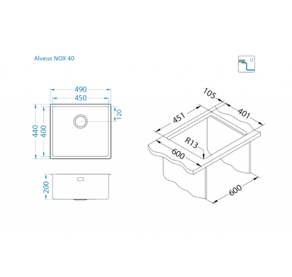 ALVEUS Nox 40 nerūdijančio plieno plautuvė