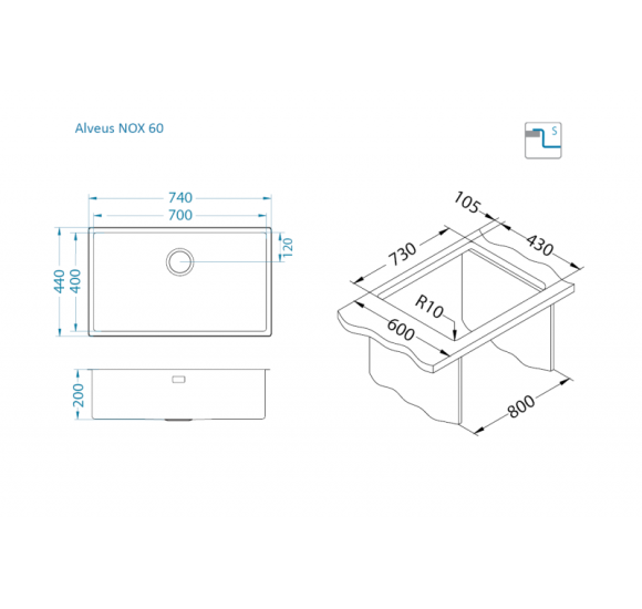 ALVEUS Nox 60 nerūdijančio plieno plautuvė