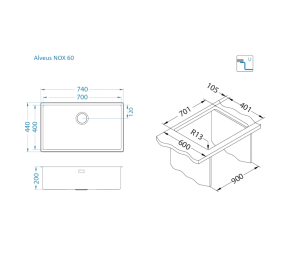 ALVEUS Nox 60 nerūdijančio plieno plautuvė