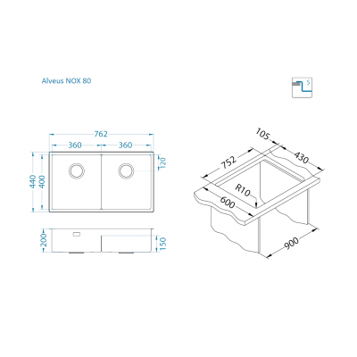 ALVEUS Nox 80 dviguba nerūdijančio plieno plautuvė