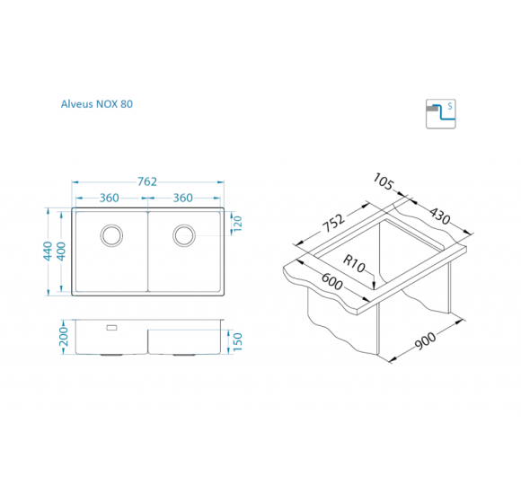 ALVEUS Nox 80 dviguba nerūdijančio plieno plautuvė