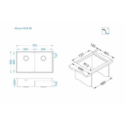 ALVEUS Nox 80 dviguba nerūdijančio plieno plautuvė