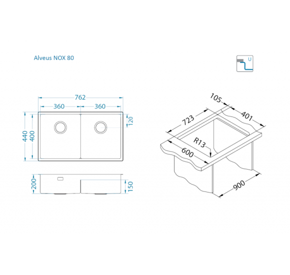ALVEUS Nox 80 dviguba nerūdijančio plieno plautuvė