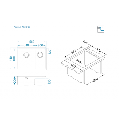 ALVEUS Nox 90 dviguba nerūdijančio plieno plautuvė (kairė)