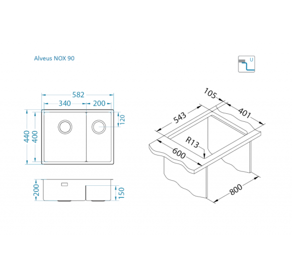 ALVEUS Nox 90 dviguba nerūdijančio plieno plautuvė (kairė)