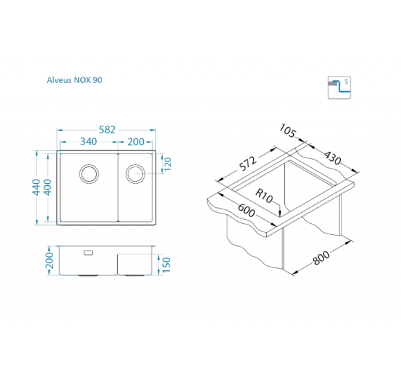 ALVEUS Nox 90 dviguba nerūdijančio plieno plautuvė (dešinė)