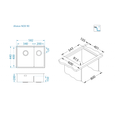 ALVEUS Nox 90 dviguba nerūdijančio plieno plautuvė (dešinė)