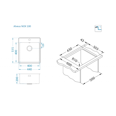 ALVEUS Nox 100 nerūdijančio plieno plautuvė