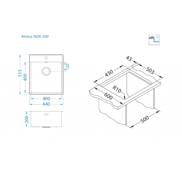 ALVEUS Nox 110 nerūdijančio plieno plautuvė