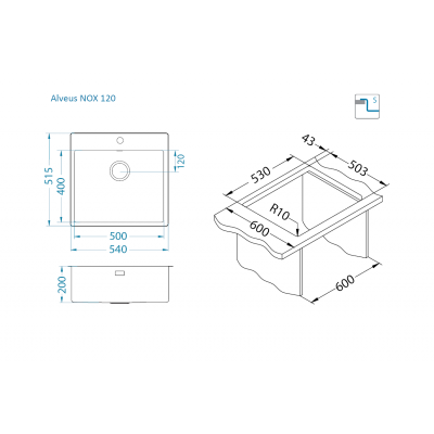 ALVEUS Nox 120 nerūdijančio plieno plautuvė