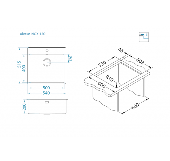 ALVEUS Nox 120 nerūdijančio plieno plautuvė