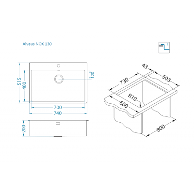 ALVEUS Nox 130 nerūdijančio plieno plautuvė