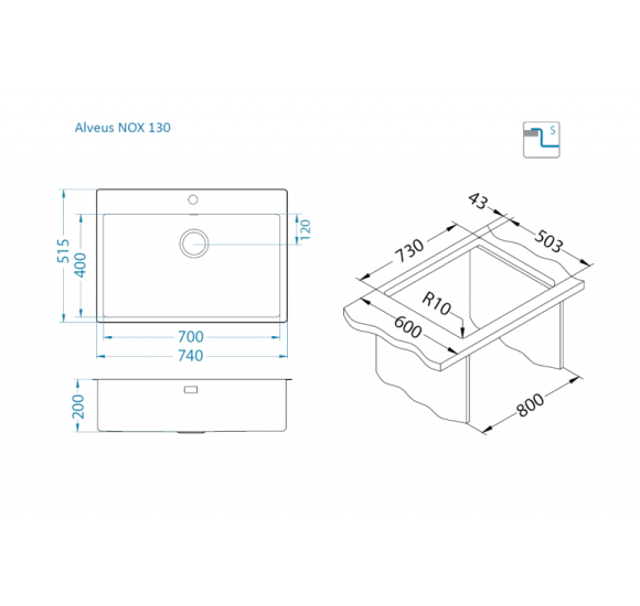 ALVEUS Nox 130 nerūdijančio plieno plautuvė