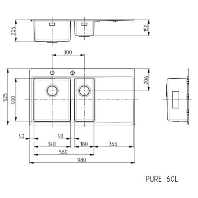 ALVEUS Pure 60 nerūdijančio plieno plautuvė (kairė)
