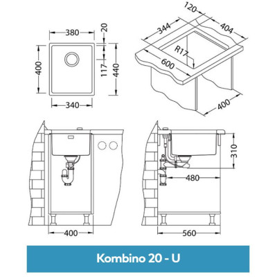 ALVEUS Kombino 20 nerūdijančio plieno plautuvė (montuojama po stalviršiu)