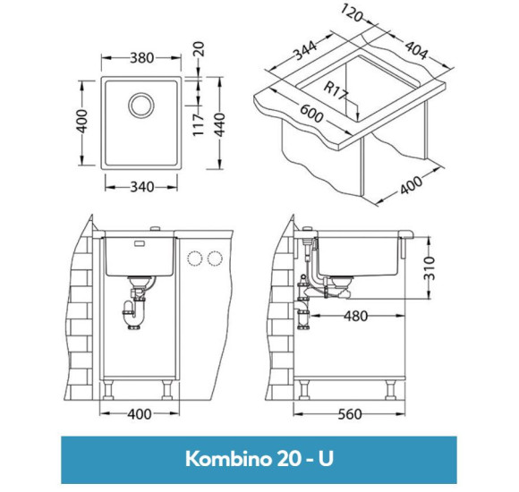 ALVEUS Kombino 20 nerūdijančio plieno plautuvė (montuojama po stalviršiu)