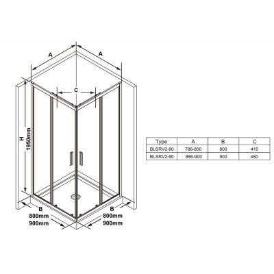 Ravak dušo komplektas 5in1 Blix Slim BLSRV2, 90x90 (pasirenkama profilių spalva)