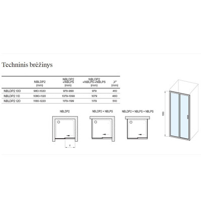 Ravak Blix II NBLDP2+NBLPS dušo komplektas, 80x100, chromo spalvos profiliai