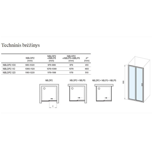 Ravak Blix II NBLDP2+NBLPS dušo komplektas, 90x120, chromo spalvos profiliai